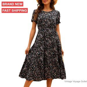 Puff Sleeve Tiered Midi Dress with Pockets, Polyester, Sizes S-XL